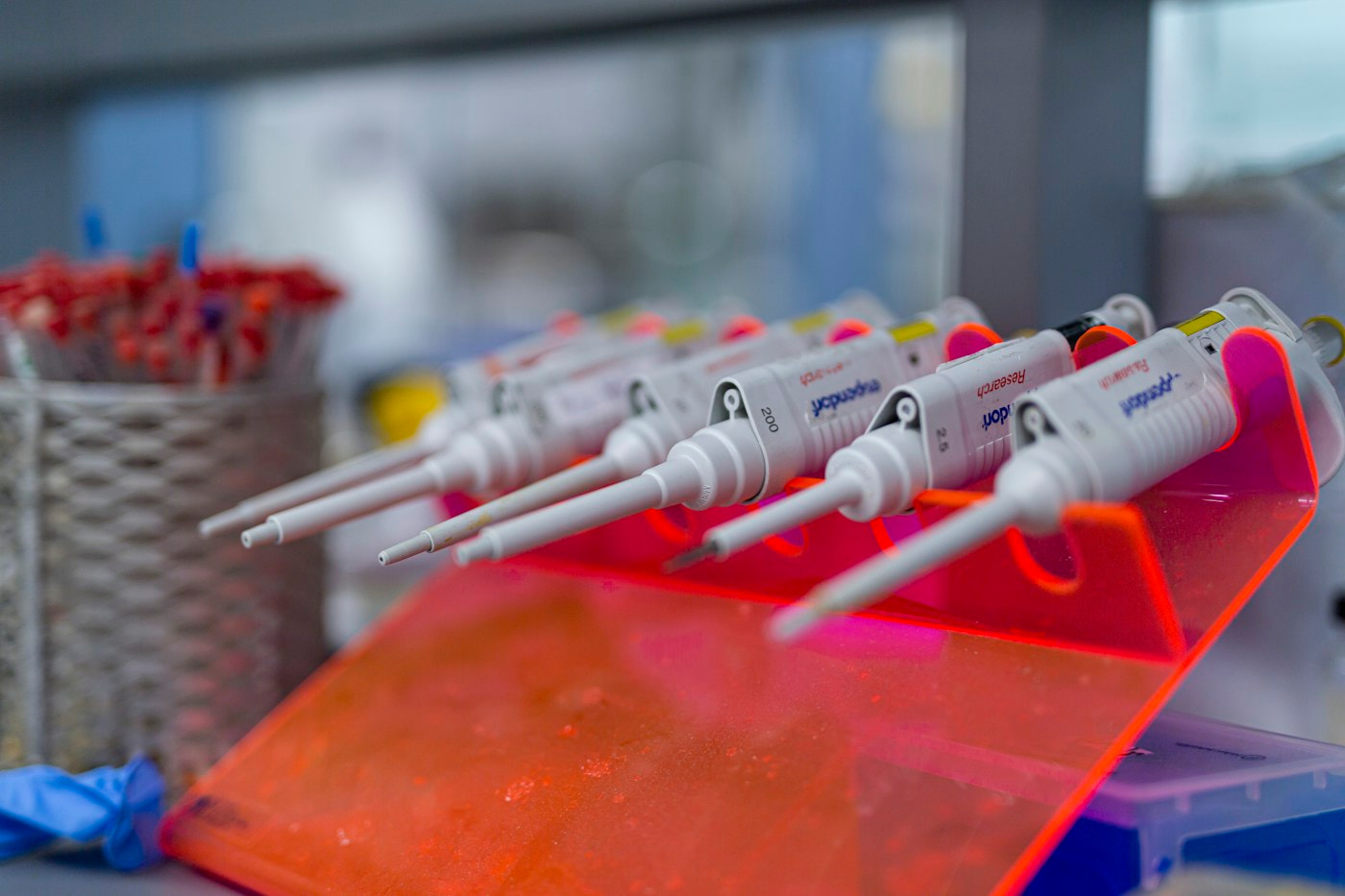 Laboratory pipettes and research equipment, illustrative life-sciences photo
